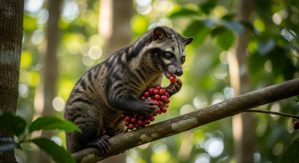 Wild Asian palm civet eating ripe coffee cherries in natural Bali forest