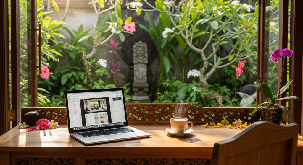 Welcoming Bali office desk with coffee and tropical garden view
