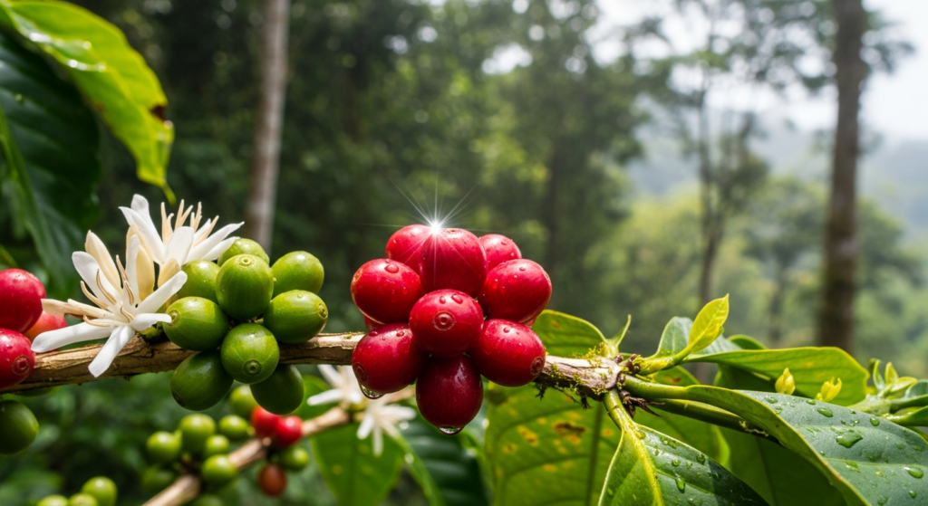 Wild coffee cherries on branch in Bali rainforest