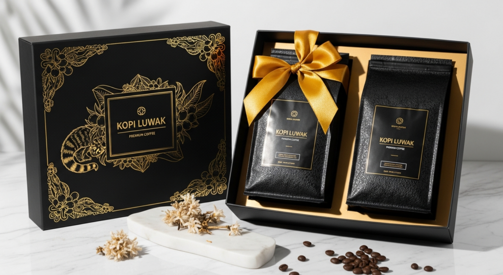 Premium kopi luwak gift set in elegant black and gold packaging
