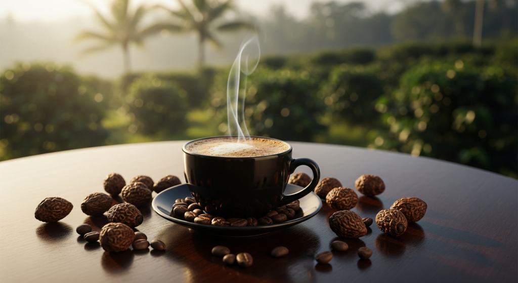 Authentic Bali kopi luwak civet coffee cup with beans and plantation background