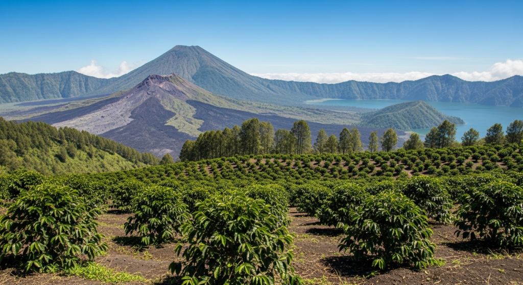 Kintamani volcano landscape with coffee plantation