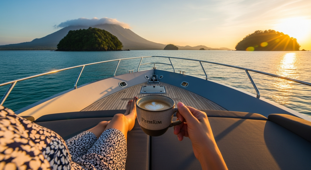 Luxury yacht sailing in Bali waters with premium coffee service