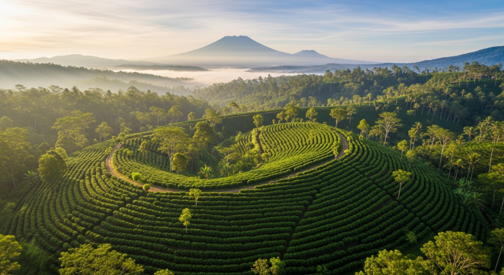 Aerial view of Bali coffee plantation surrounded by tropical jungle