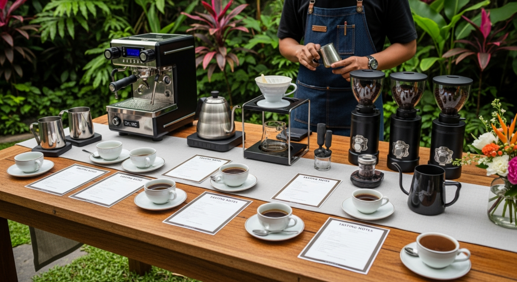 Luxury private coffee tasting setup in Bali garden