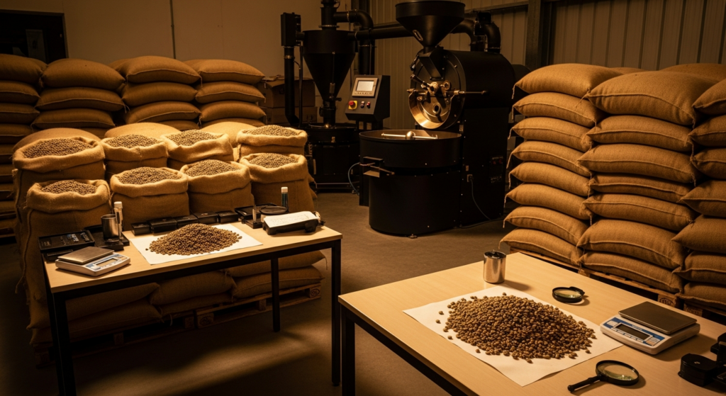 Professional coffee warehouse with premium green coffee beans for wholesale