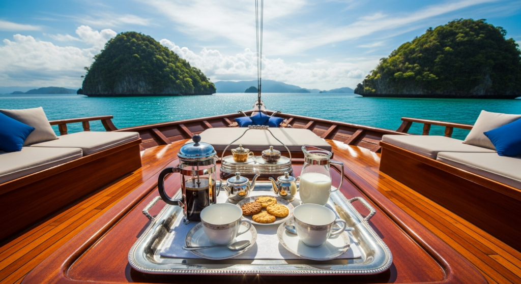 Luxury phinisi yacht with coffee service in Indonesian waters